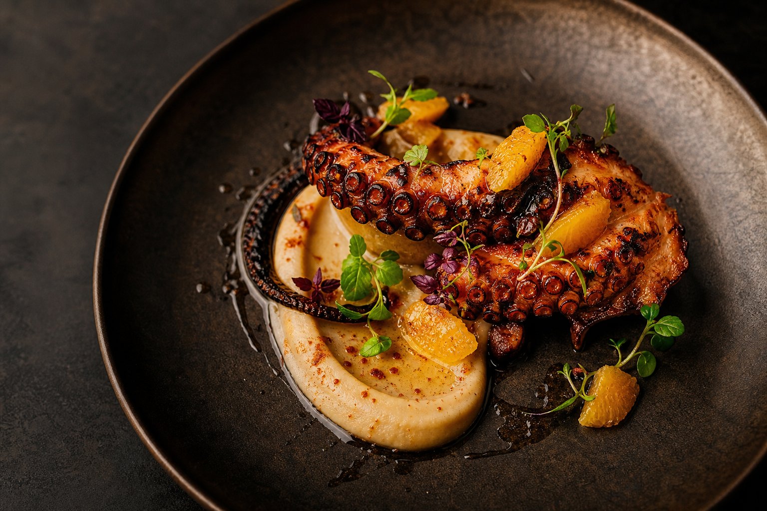 Charred octopus with smoked potato, citrus and herbs