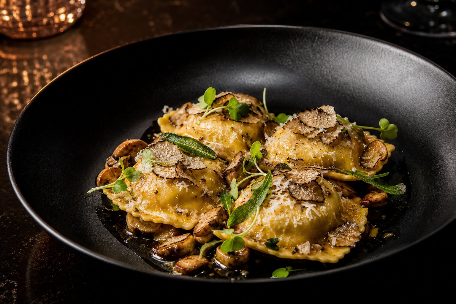 Truffle ravioli with wild mushroom and brown butter