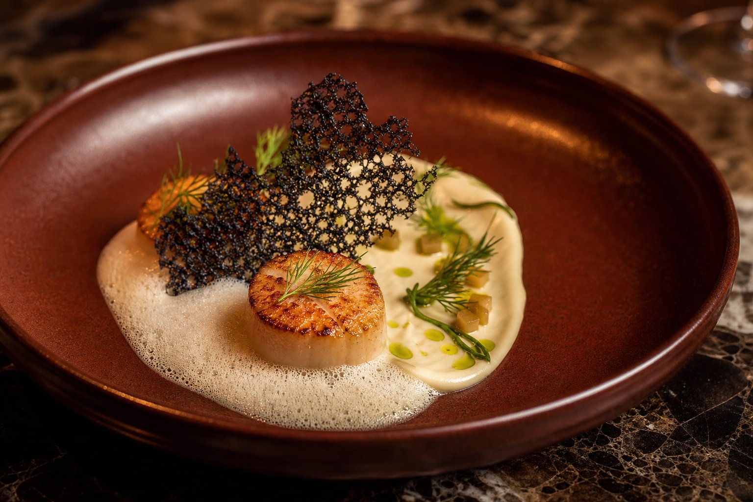 Butter-basted scallops on a rust ceramic plate