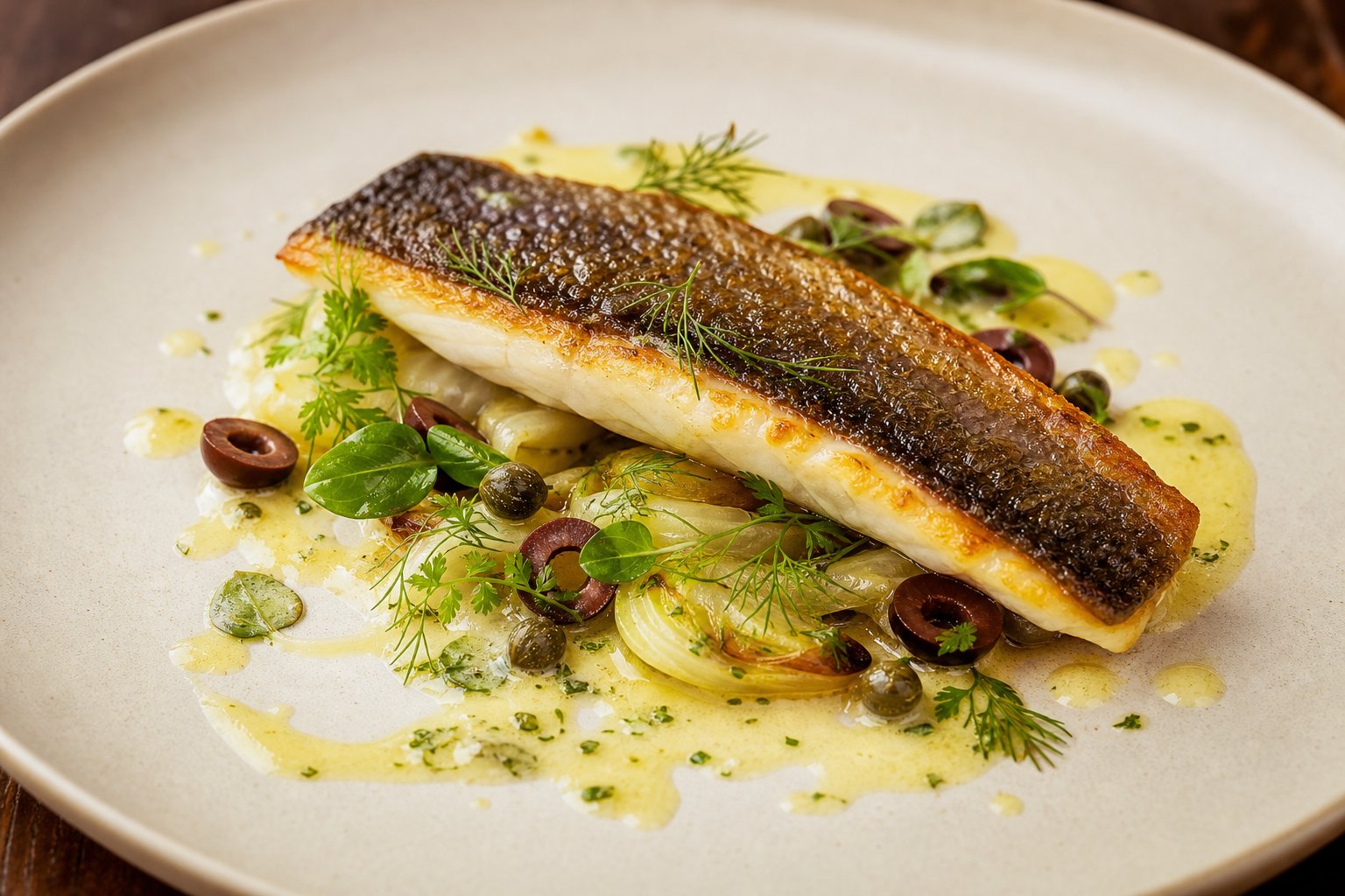 Roasted sea bass with fennel and lemon beurre blanc