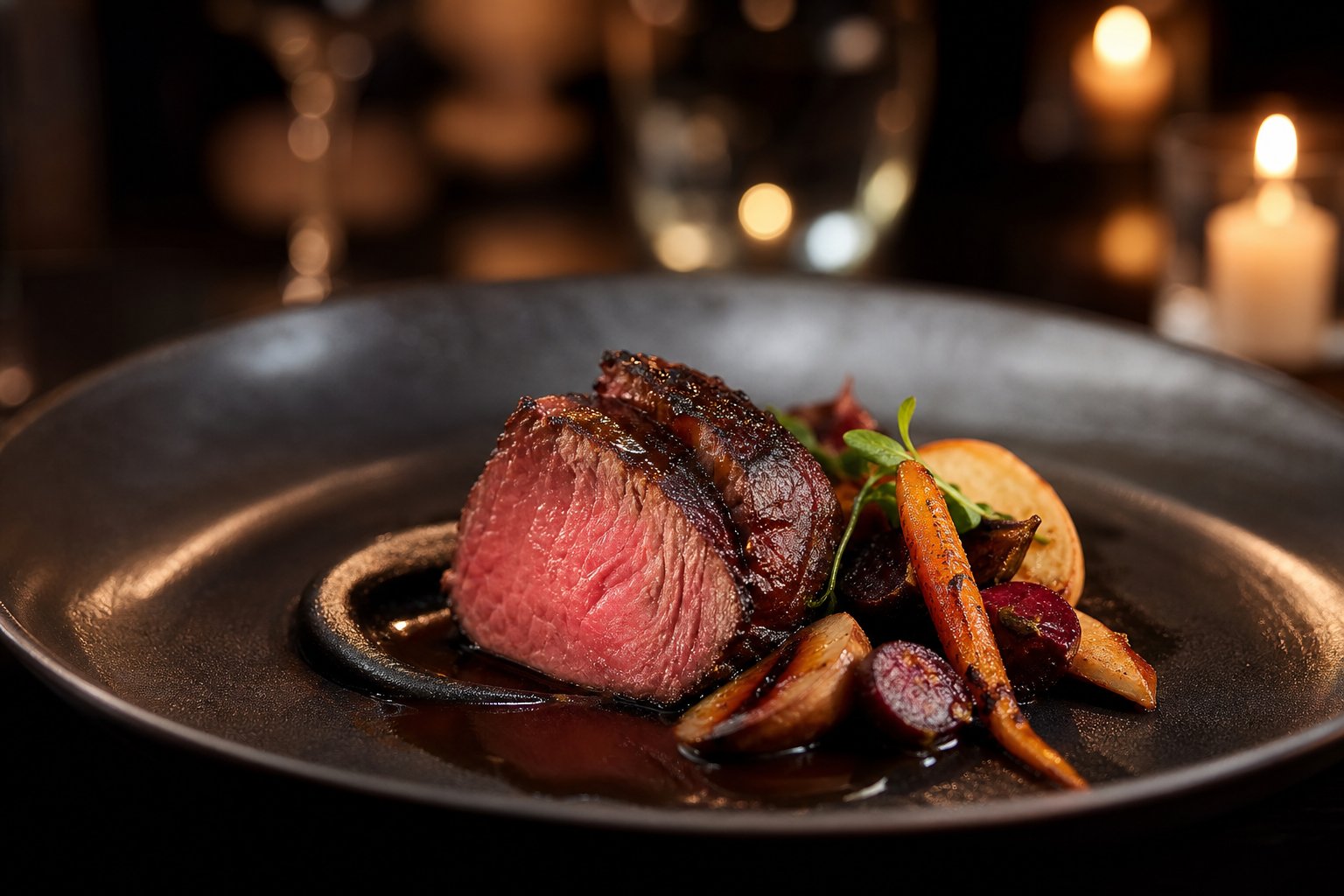 Ember-grilled tenderloin with black garlic and seasonal vegetables