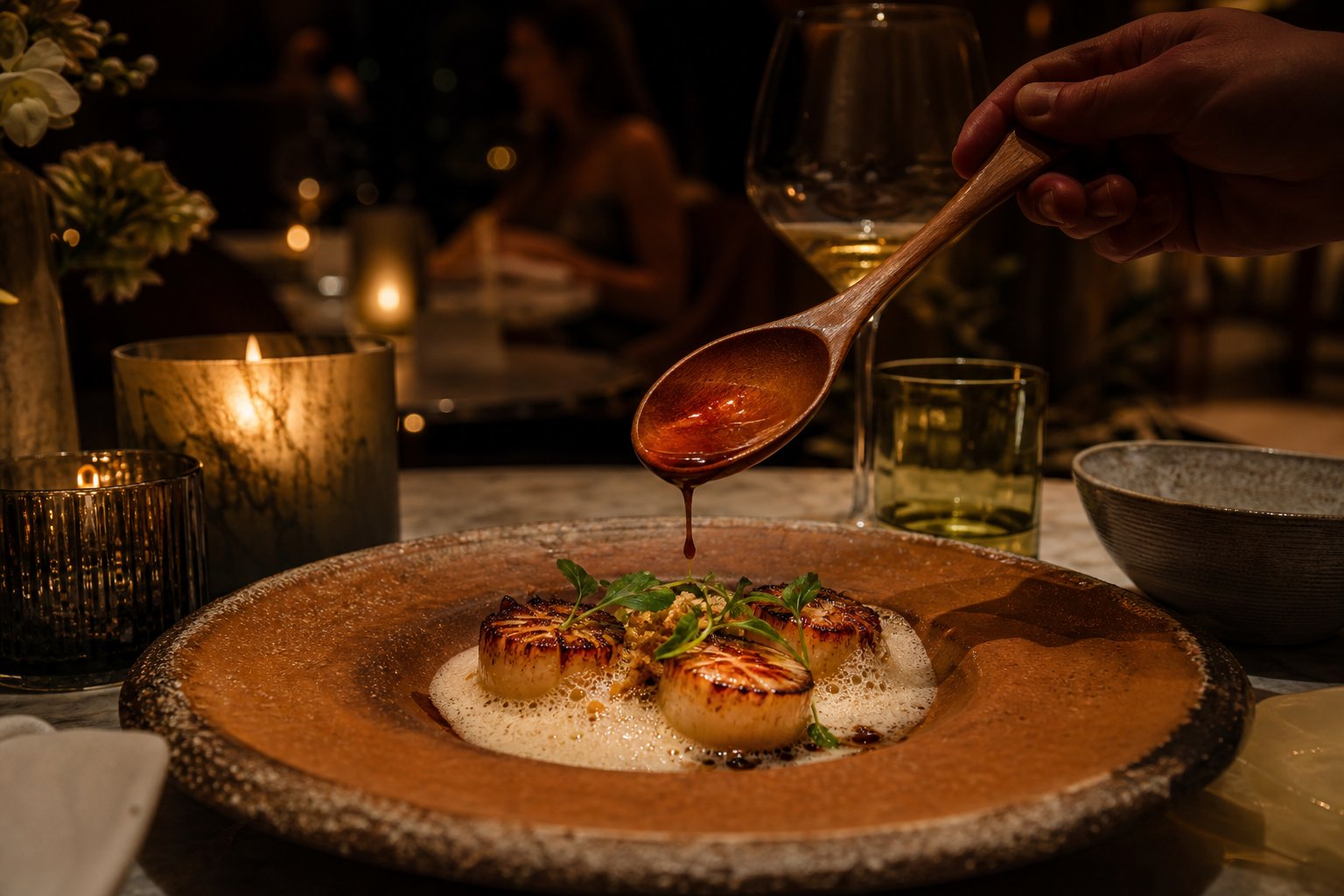 Seared scallops finished tableside with amber sauce at Velora